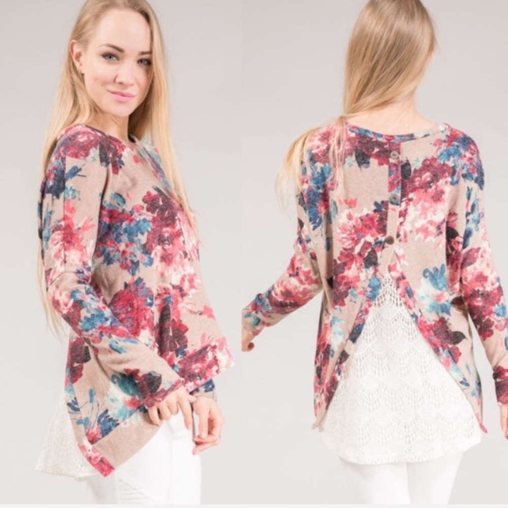 Pink floral ruffled white lace long sleeved high low top